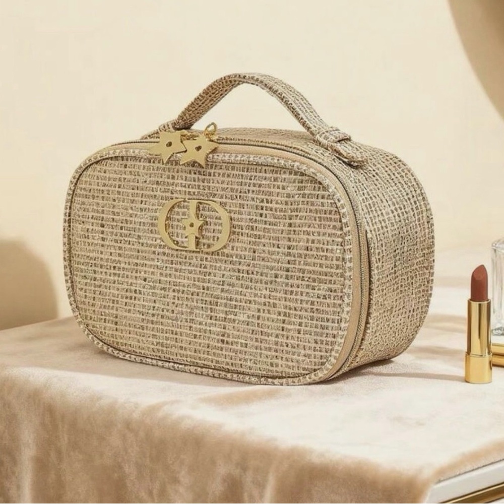 NIB Dior Gold Woven Top-Handle Cosmetic Case